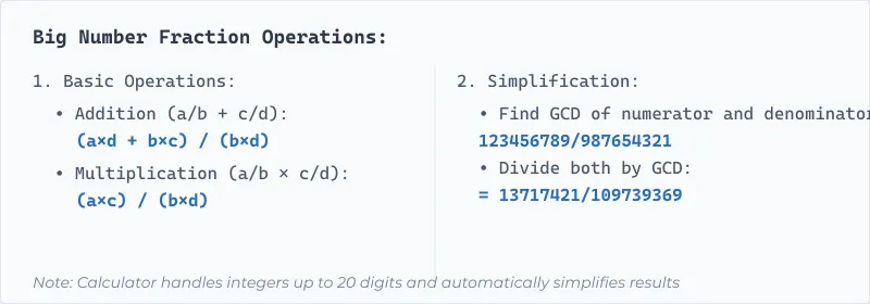 Essential big number fraction formulas: Learn how to perform operations with large fractions (up to 20 digits). Shows addition (a/b + c/d), multiplication (a/b × c/d), and simplification using GCD method. Perfect for advanced mathematics, engineering calculations, and precise fraction arithmetic.