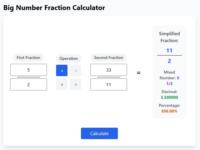 Free online big number fraction calculator handling large integers up to 20 digits. Shows multiplication of 123456789/987654321 × 987654321/123456789, with automatic simplification, mixed number conversion, and percentage calculation. Perfect for mathematicians, engineers, and students working with large fractions.