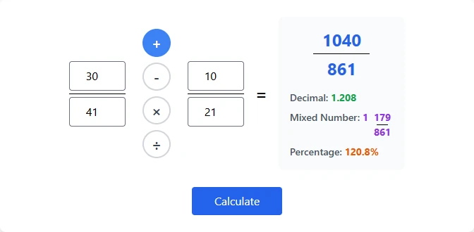 Free online fraction calculator perfect for students and teachers: Example shows adding 3/4 + 1/2 = 5/4, with instant conversion to decimal (1.250), mixed number (1 1/4), and percentage (125.0%). Ideal for checking math homework, teaching fractions, and understanding fraction conversions.